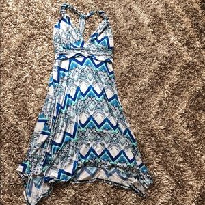 Blue, Green, White Sundress - Asymmetrical Hemline